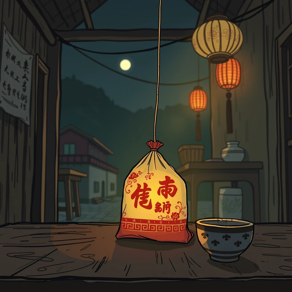 A Chinese sachet, night, background on a table in a rural room, night, front view, grim, dim, 8K, flat comic sketch, graphic novel style, 2D effects, flat colors, drab painting style.