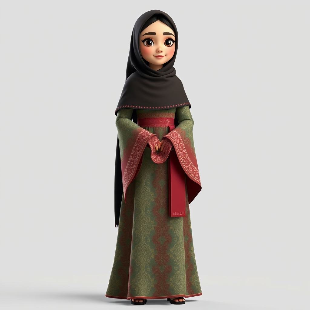 "Create a 3D, 8K animated cartoon of a Muslim woman from Palembang wearing a long traditional songket dress. She should have her hands covered with batik gloves. The image should capture the elegance and cultural richness of the attire." - Image