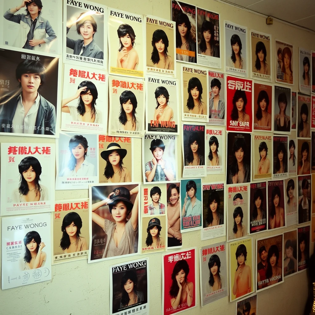 One wall is covered with many posters, all of which are of the famous singer Faye Wong.