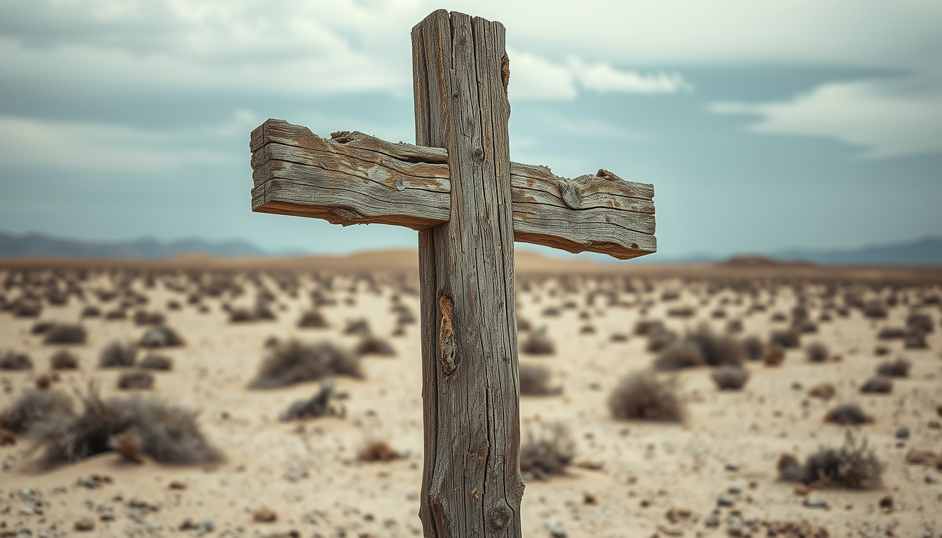 A wooden cross that is crumbling with bad fungal degradation, wet rot, and dry rot. The cross is standing in a barren desert landscape. The overall feel is depressing and desolation.