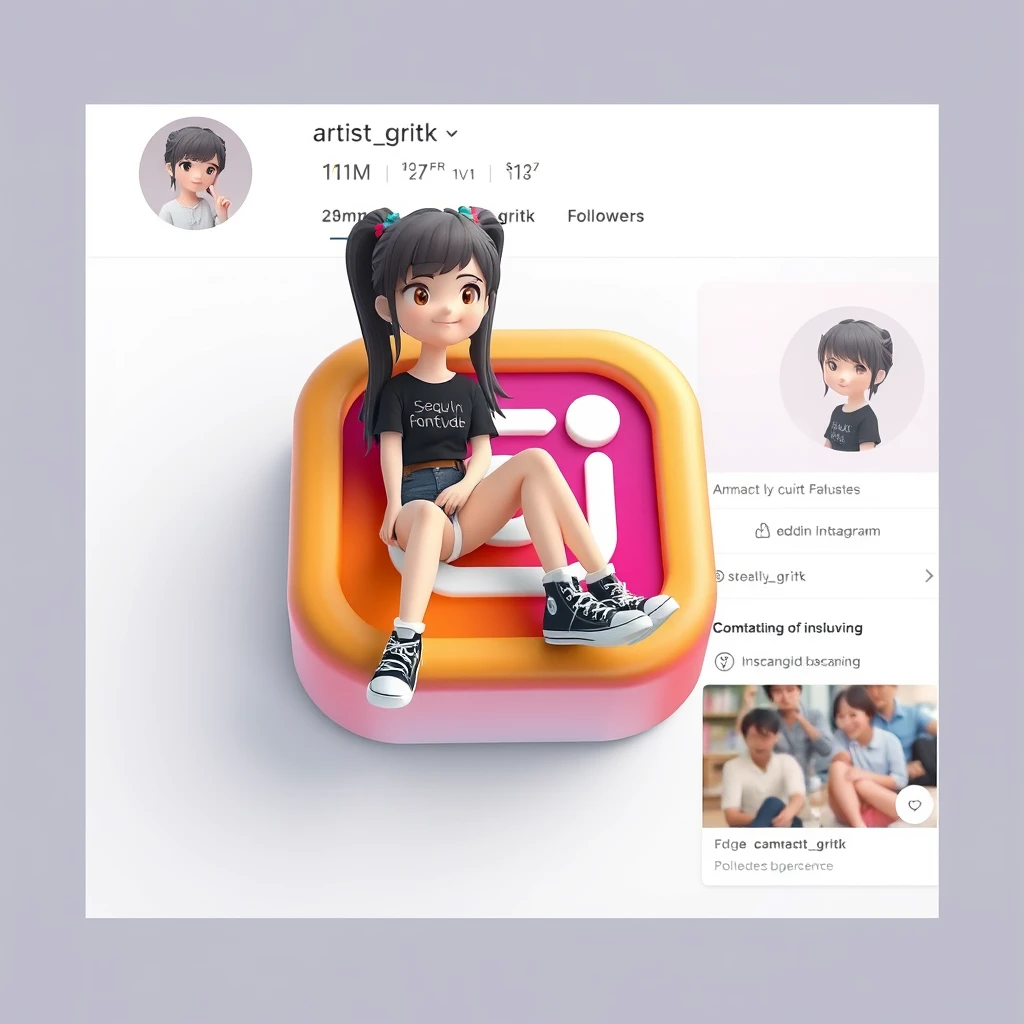 Create a 3D illustration of an animated character sitting casually on the social media logo "Instagram." Cute female characters should wear casual formal attire, such as a T-shirt and sneakers. The background of the image is a social media profile page with the username "artist_gritk" with 1M followers and a profile picture that matches the animated character. Make sure the text is spelled correctly.