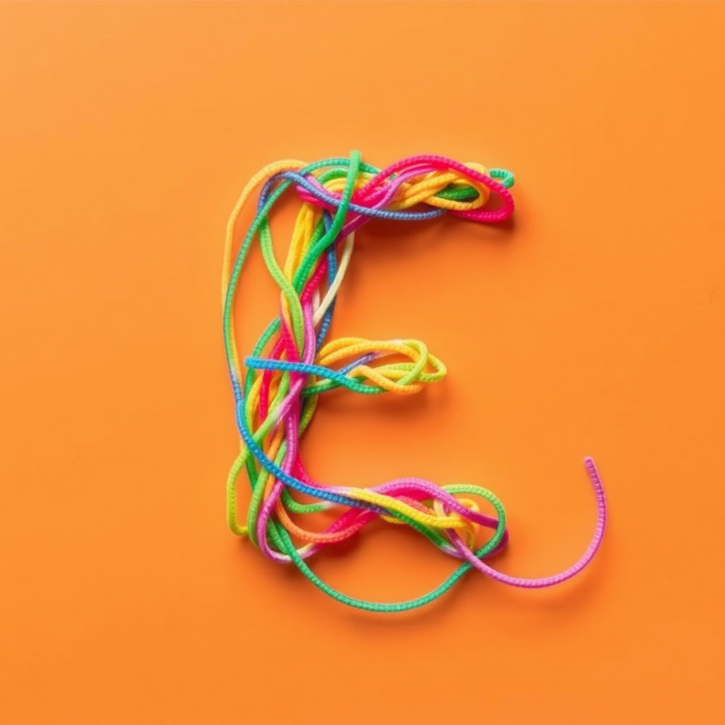 A letter "E" made of twisted colorful elastic bands in a light orange background, realistic photograph. - Image