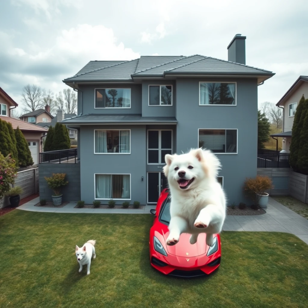 The view of a two-story house from a drone's perspective. A white Jindo dog is running around in the yard. The color of the house is concrete gray. A red sports car is parked in front of the house. - Image