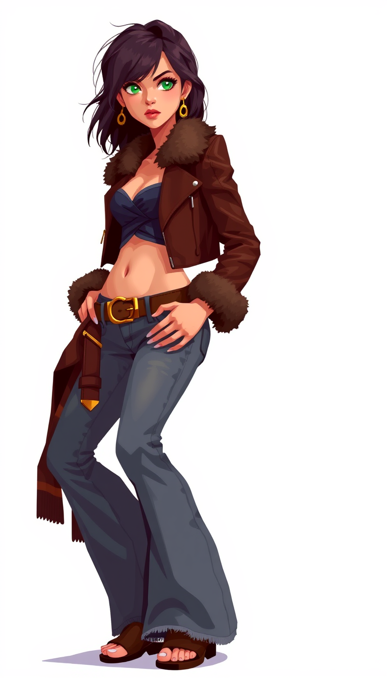 Exaggerated Pixel Art, white background, young hippie woman, standing sideways, slim body, green eyes, dressed in bell-bottom jeans, belt, golden buckle, navel, cropped fitted leather jacket, fur collar and cuffs, open-toe boots, toes, earrings. - Image