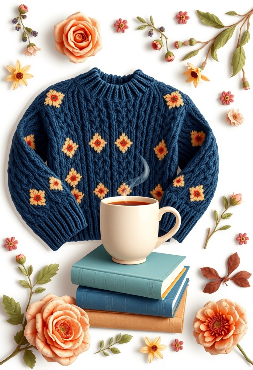 cozy-themed items, floral items, a detailed knit sweater, steaming mug, books, all arranged and isolated on a white background, peachy, navy and coordinating colors, trending cozy style, Folk art, 2d, icons, trending junk journal style, sticker art, hyper-realistic, high quality. - Image