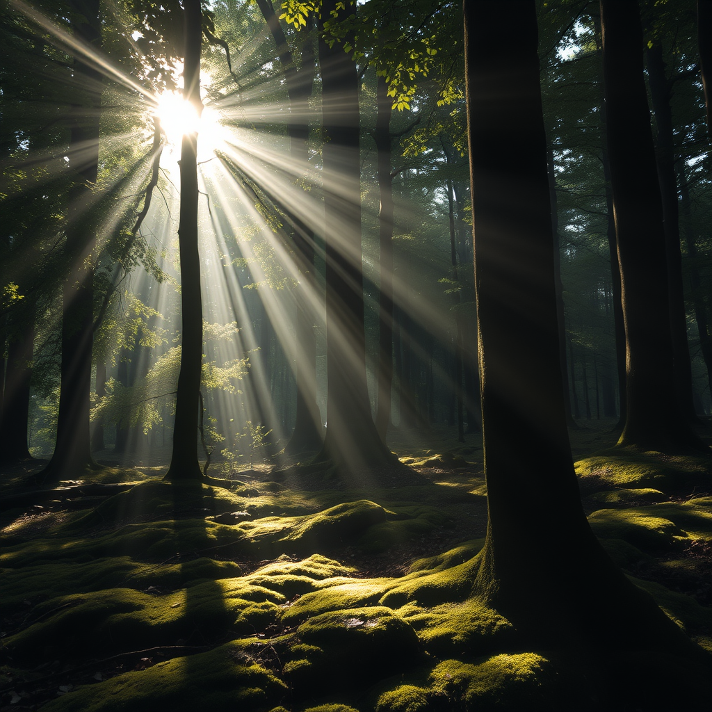 A forest with sunlight streaming through the gaps between the leaves, creating a dappled and enchanting light and shadow effect. The rays of light illuminate the mossy ground and the trunks of the trees. The air is filled with tiny floating dust particles, adding a touch of mystery. --ar 16:9 --v 5 - Image