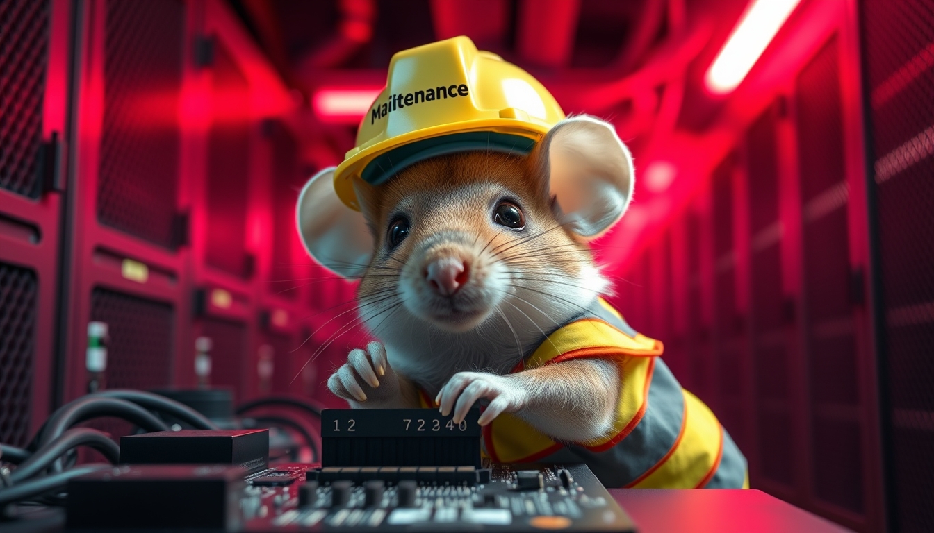 A small mouse with a hard hat and high visibility vest is repairing a circuit board. The mouse has a serious look in his eyes. The background shows a server room with only red emergency lighting and red ambient lighting. (Text sign at the top of the image saying "Maintenance").