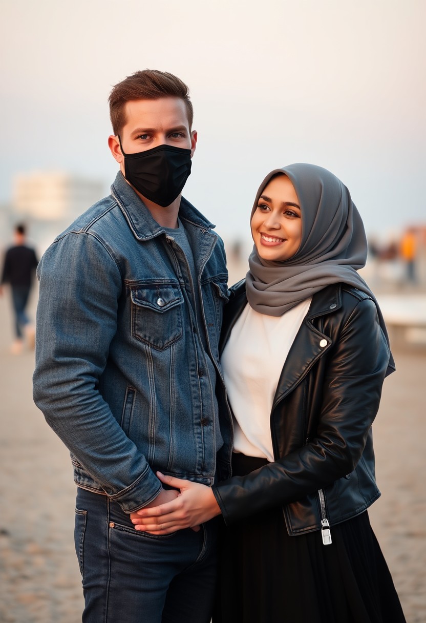 Jamie Dornan's head and body shot, handsome, face mask black, jeans jacket, jeans, dating, love couple, joking, with the biggest grey hijab Muslim girl, face mask black, beautiful eyes, black leather jacket, biggest skirt, at the beach, hyper-realistic, street photography.