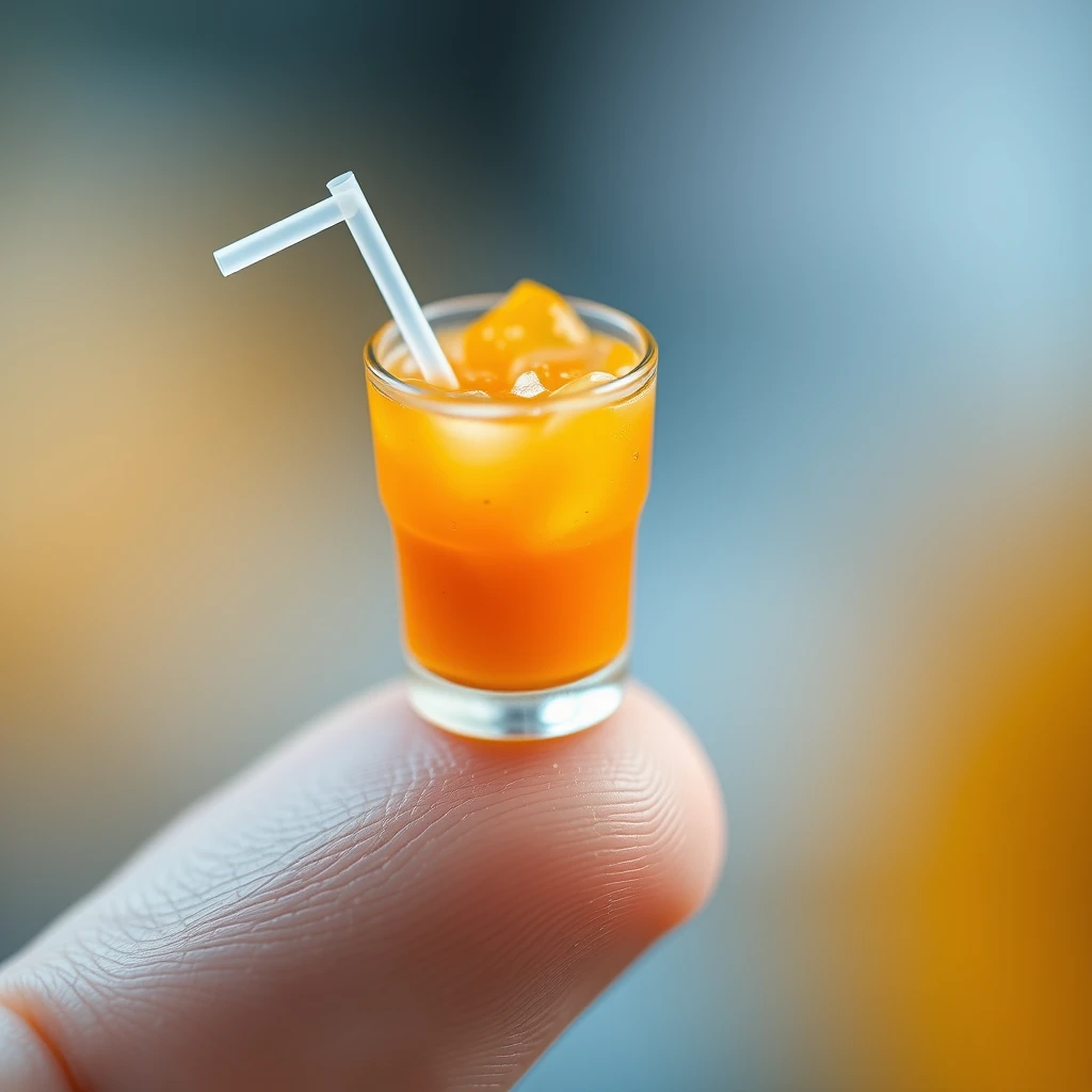 Extreme close-up macro photography depicting a very tiny miniature cup of orange juice, ice with a straw standing on a fingertip. - Image