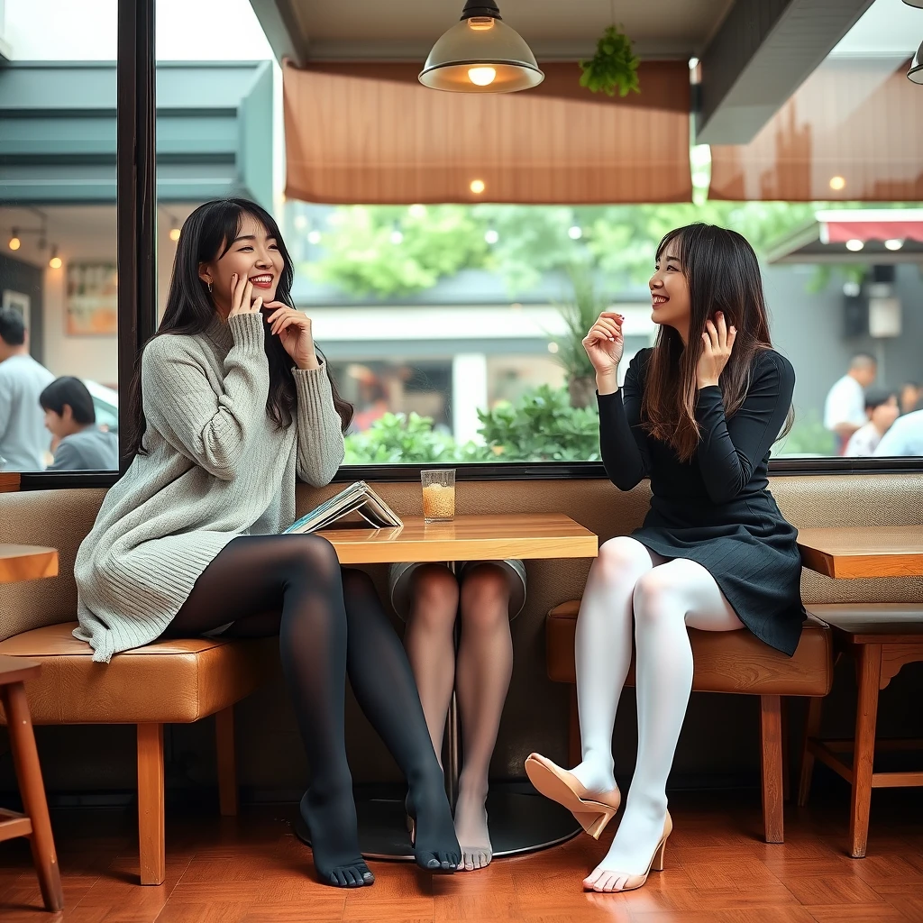 Three women wearing leggings and white and black stockings are facing each other, laughing and touching their feet, showing their tiptoes, and wearing thin gloves. They are touching their lips and are in a cozy café during a hot summer, in a realistic photo style with an Asian aesthetic.