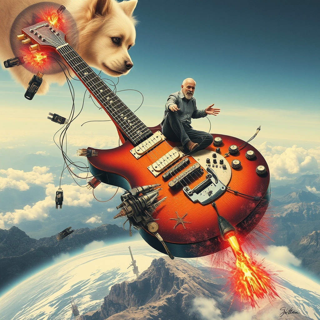 Monumental guitar broken and falling into pieces and debris over earth, perspective pop rock fluorescent collage sci-fi steampunk machinery extra dust particle cloud octane render and paper art ink art Méliès, Jules Verne, big eyes creature from hell, burning mountain, sad human climbing the sky, giant spitz Pomeranian, wires and cables, electric. - Image