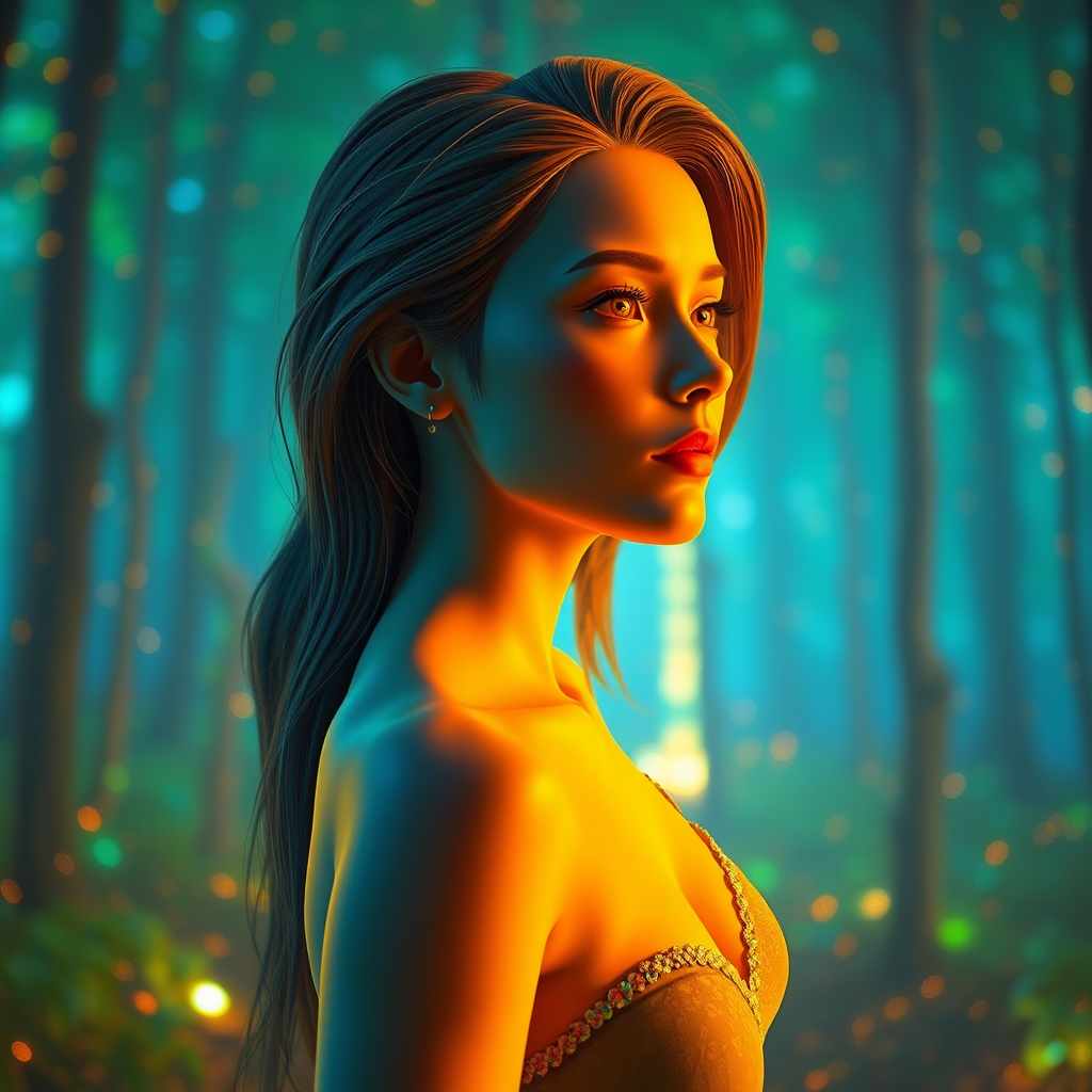 portrait | body shot to one side of frame, lucid dream-like 3D model of Caucasian woman, game asset, Blender, looking off in distance ::8 style | glowing ::8 background | forest, vivid neon wonderland, particles, blue, green, orange ::7 parameters | rule of thirds, golden ratio, asymmetric composition, hyper-maximalist, octane render, photorealism, cinematic realism, Unreal Engine, 8k ::7 --ar 16:9 --s 1000