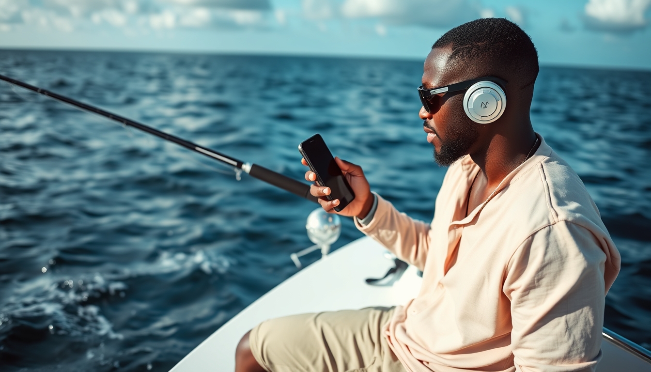 A young black man fishing on a boat in the Bahamas listening to a podcast on his phone. - Image