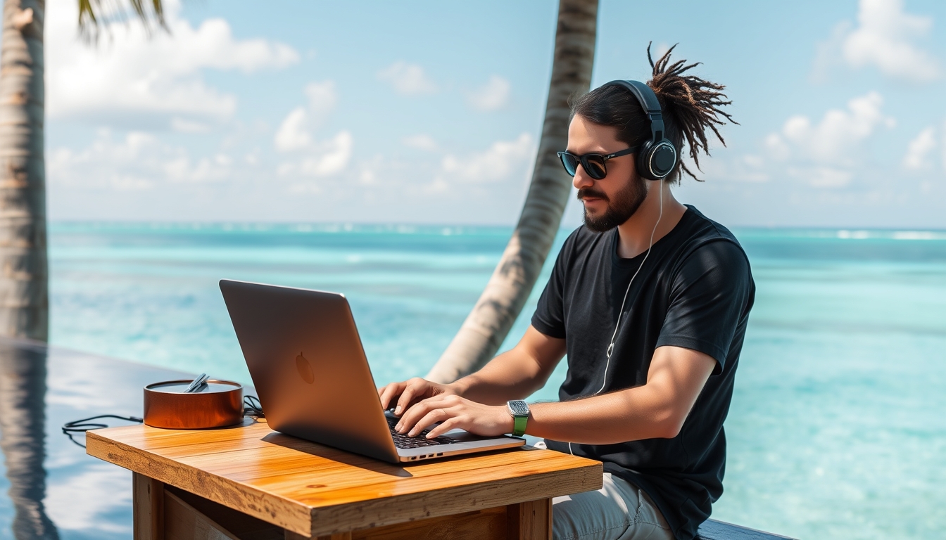 A digital artist working on a laptop in a tropical location, with the ocean in the background, emphasizing the freedom of remote work.