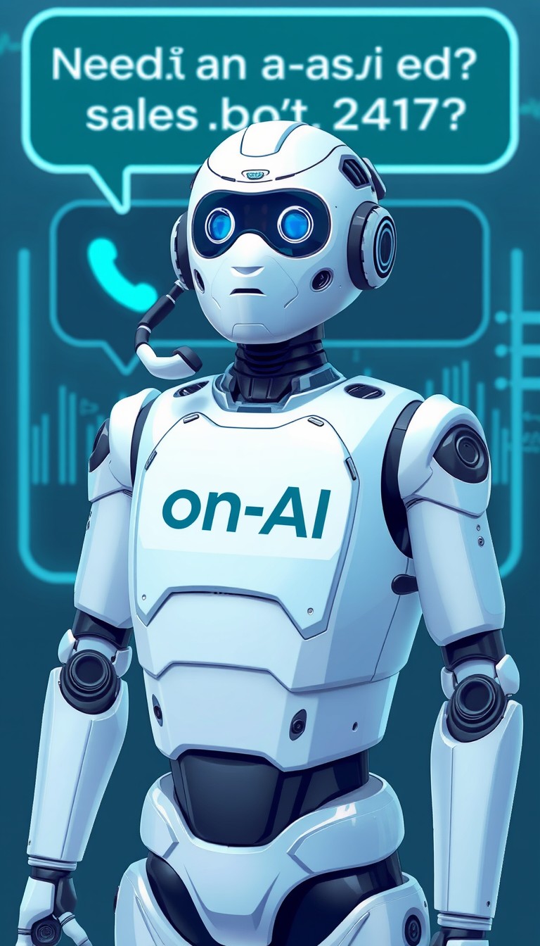 "AI sales bot, named on-AI (written on his chest), calls customers, in the background it says in Russian: 'Need an AI sales bot 24/7? Click the button below...'"