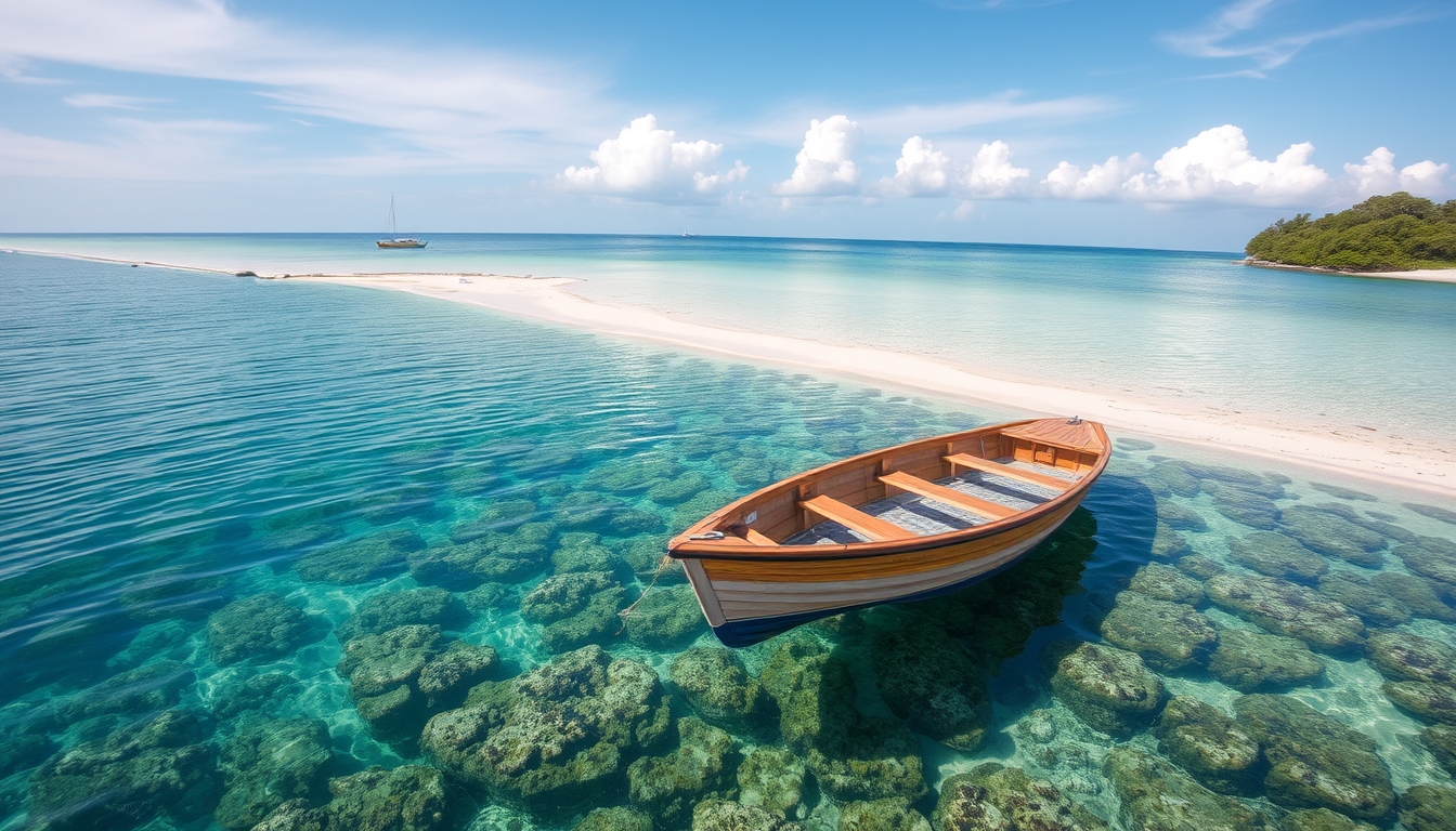 A tranquil beach with a glass-bottomed boat floating over a coral reef.