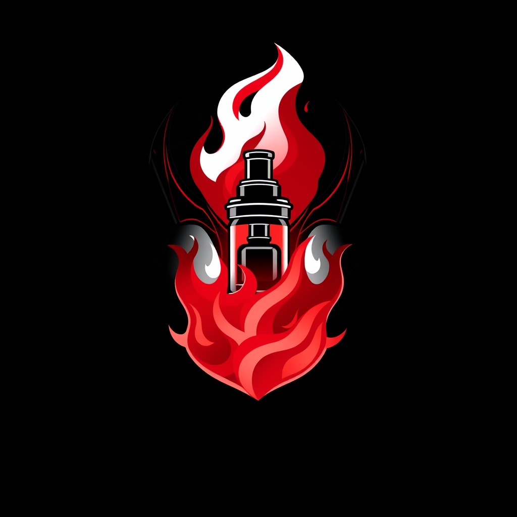 Sleek, logo design for DoomVapes featuring a stylized vape tank engulfed in ethereal, crimson flames. Blend with modern simplicity. Geometric shapes evoke demonic symbolism. Bold, sans-serif typography in obsidian black. - Image