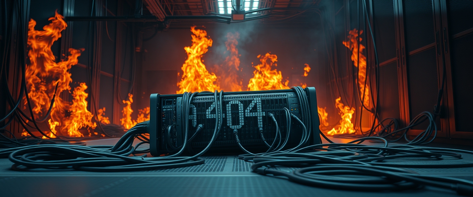 A server lying in cables wants you to end its misery, (server-room:1.3), background in flames, server, cables, can't win!, 404, sharp, detailed, cinematic, epic scale, detailed.