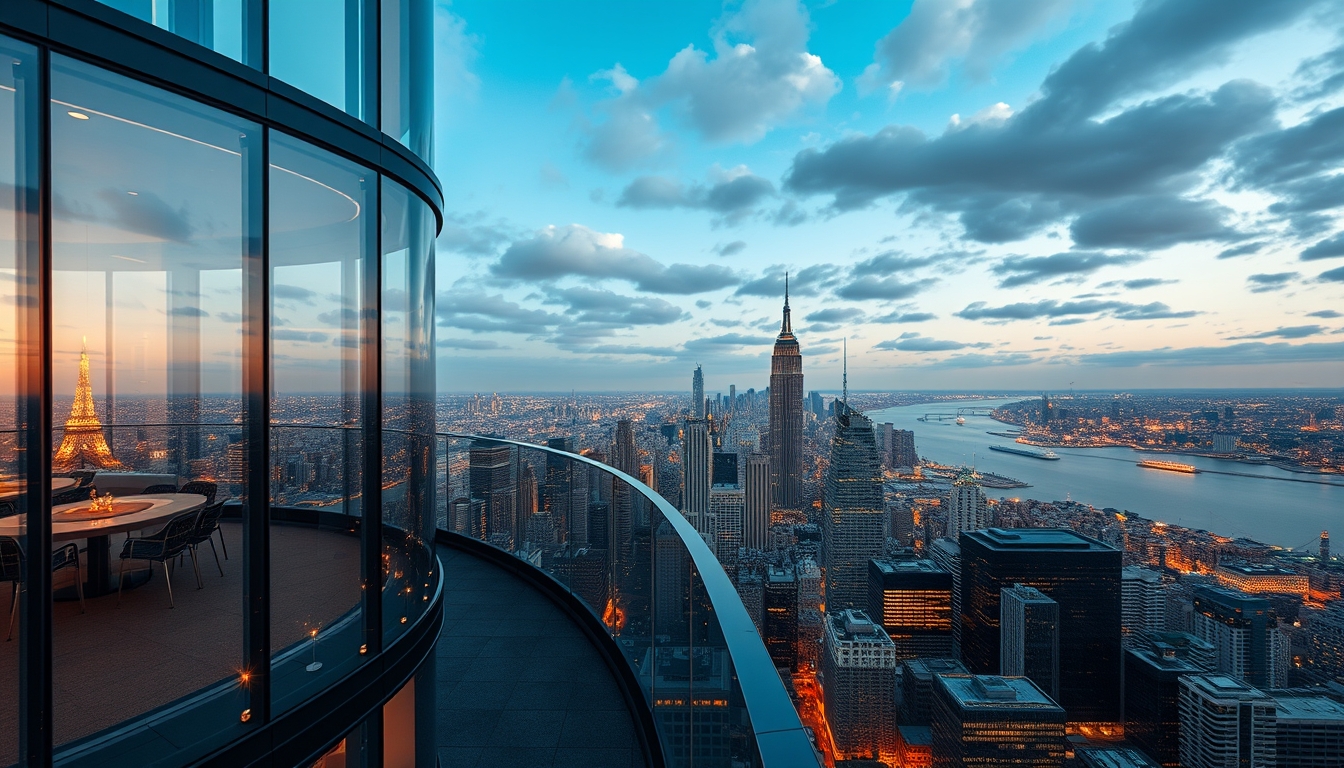 A luxurious glass-walled penthouse apartment overlooking a bustling city. - Image