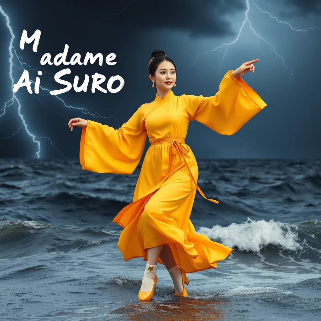 Korean woman dancing in a yellow traditional costume. In the middle of a waving sea. Lightning and thunder, with the words "Madame AI SURO" in the sky, dancing gracefully and nobly. Full shot, yellow traditional shoes, neatly tied black hair. White floral socks, agile movements.