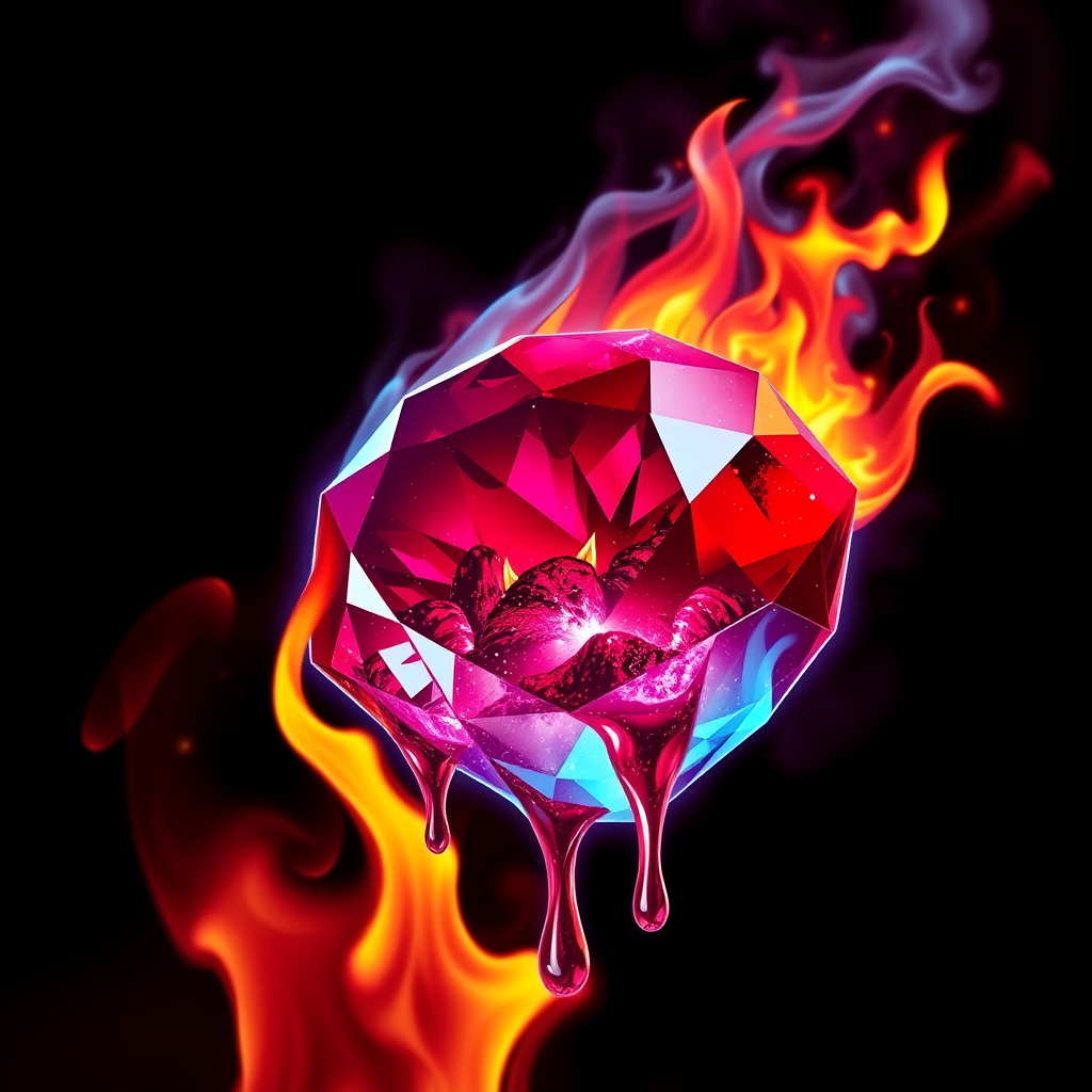 A tee shirt design of a beautiful freshly cut ruby on fire with beautiful liquid red ruby dripping with flames. The ruby has subtle colorful embers burning in the ruby. Inside of the ruby should be reminiscent of beautiful galaxies perfectly blended with chaos. Striking and otherworldly on a transparent background, the flames should have an outline of a beautiful blue ethereal glow.