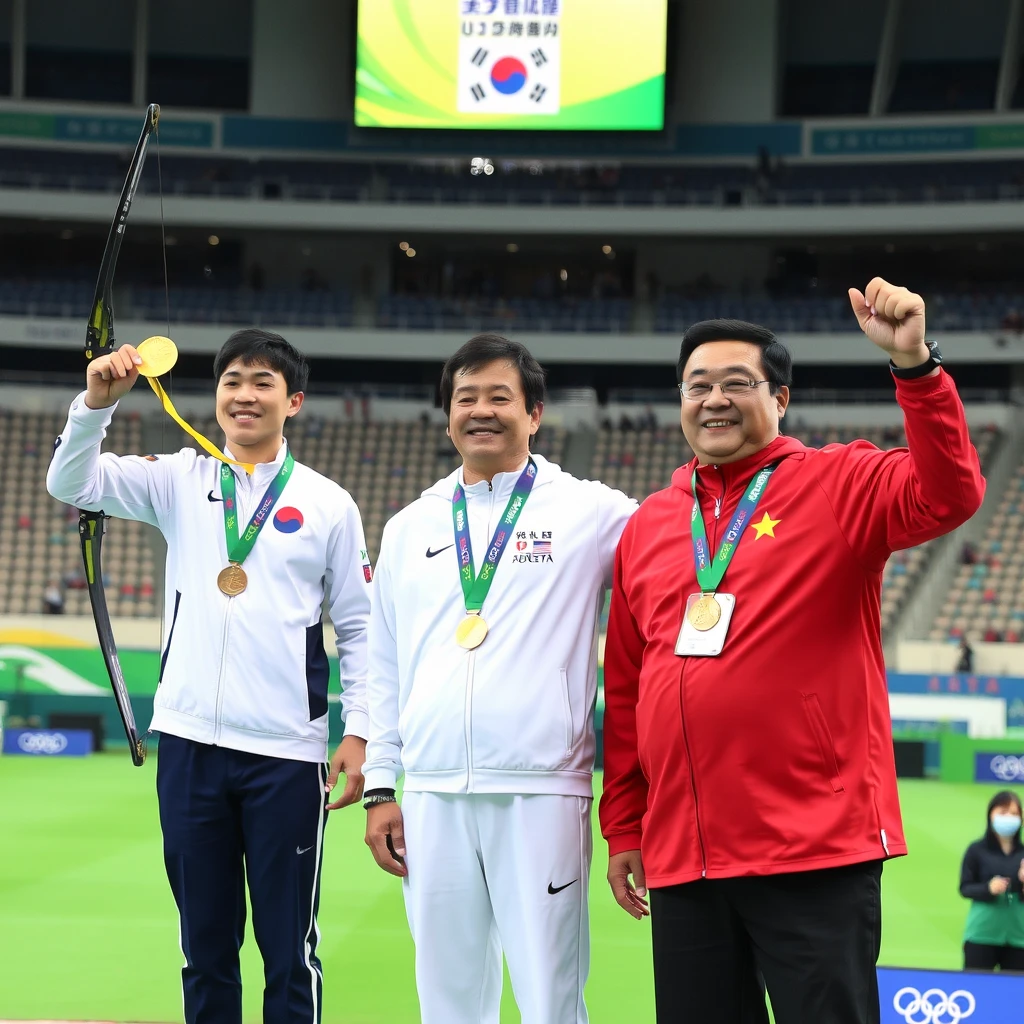 A South Korean archer wins gold, a Frenchman wins silver, and a Chinese man wins bronze in an Olympic stadium. The words "Korean archery gold medal" and the Korean flag on the scoreboard.