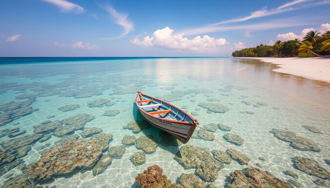 A tranquil beach with a glass-bottomed boat floating over a coral reef.