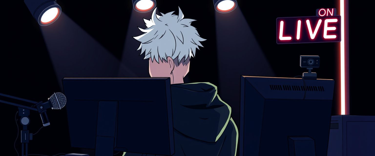 "Illustration of a boy with white hair and a black hoodie in a gamer setup, with spotlights in front, looking at two monitors with black screens in a black room with few white neon lights and a small white sign that says ON LIVE at the top right. There is a podcast-type microphone to his left and a webcam on top of a monitor to his right." - Image