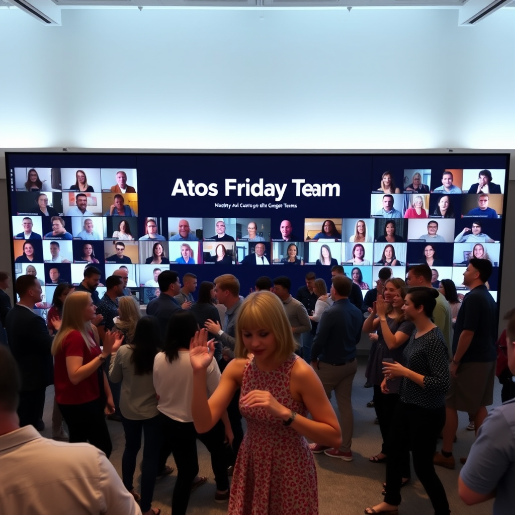 In a large office, a Microsoft Teams meeting with many people takes up a full wall. The title on the screen says "Atos Friday Team." The lighting is disco. There are many people in front of the screen dancing. One of them is Taylor Swift.