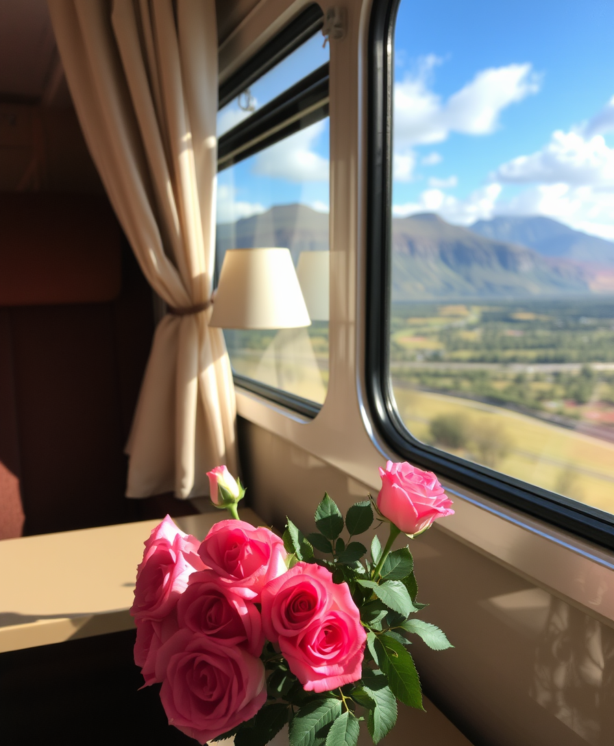 A bouquet of roses sitting on a table in a cozy compartment, a stunning view outside the train window.