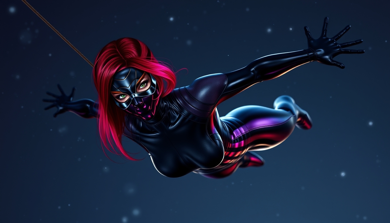 I used the Flux AI Image Generator to make this image. The prompt I used was: "red head woman with black and purple stripes in her hair, green eyes and a black metallic mask over them, a metallic spandex outfit that is a dynamic black and dark purple, swinging through the night sky. anatomically correct and realistic."

I was really impressed with the results. The image came out really cool, and I love the colors and how she looks like she's flying. The details are impressive as well, such as the metallic texture of her mask and outfit. I will definitely be using this tool again in the future. - Image