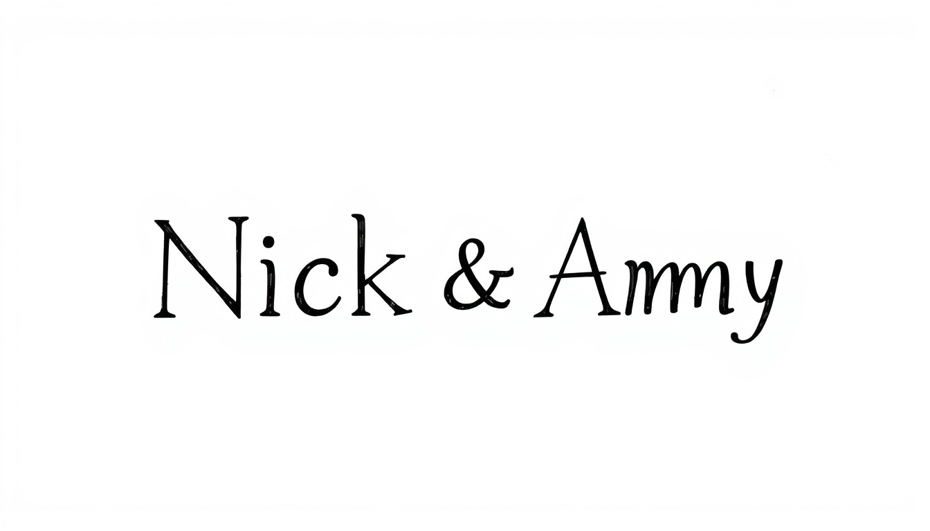 Geometric Precision: "Render the names 'Nick & Amy' in a geometric pen and ink design, using sharp black lines and angles. The lettering is set against a bright white background, where the precision of each line is highlighted, free from any shadows."