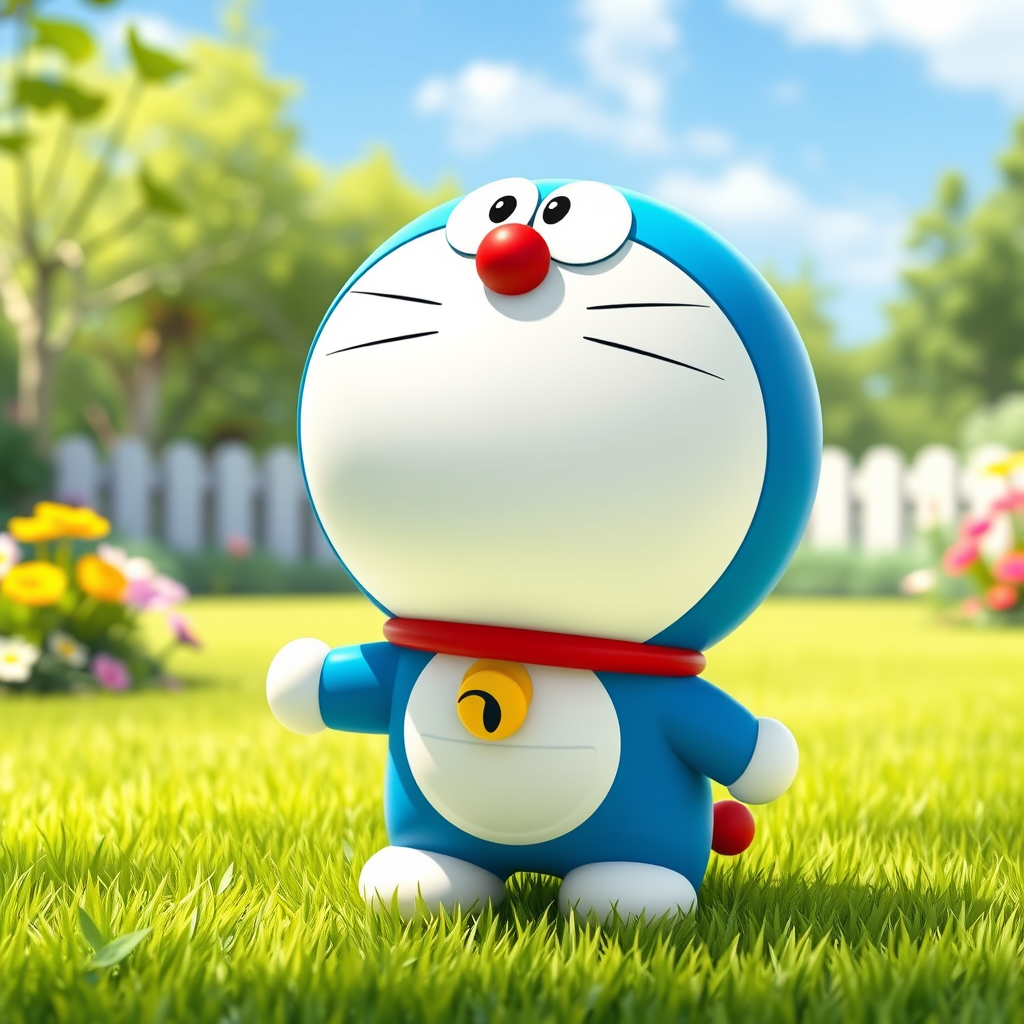 Doraemon in Pixar style, cute and expressive, vibrant colors, static pose, sunny garden setting, green grass, blue sky, cheerful and peaceful atmosphere, clear texture.