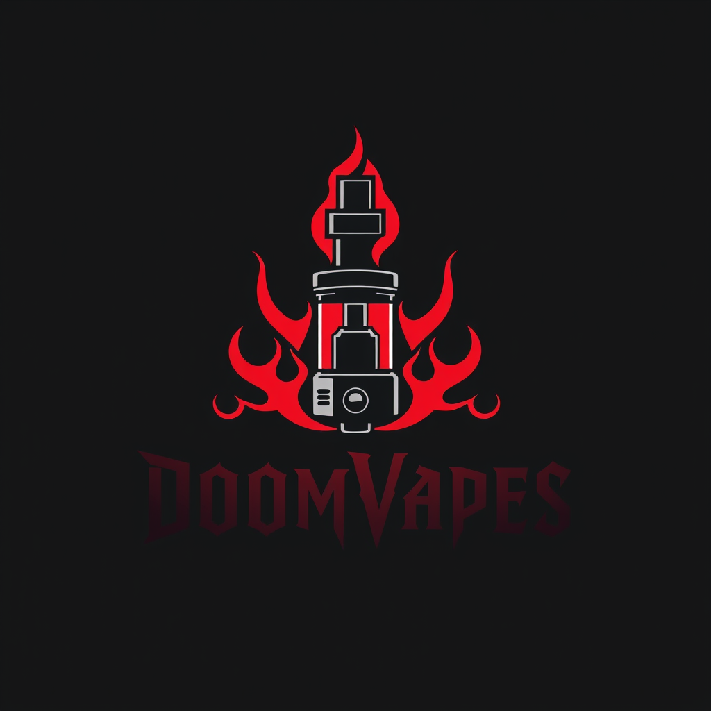 Sleek, minimalist logo for DoomVapes featuring a stylized vape tank engulfed in ethereal, crimson flames. Infernal typography with sharp, angular serifs. Monochromatic color scheme: deep black and blood red. Balanced composition with negative space suggesting smoke tendrils. Evokes a sense of rebellious, edgy sophistication. - Image