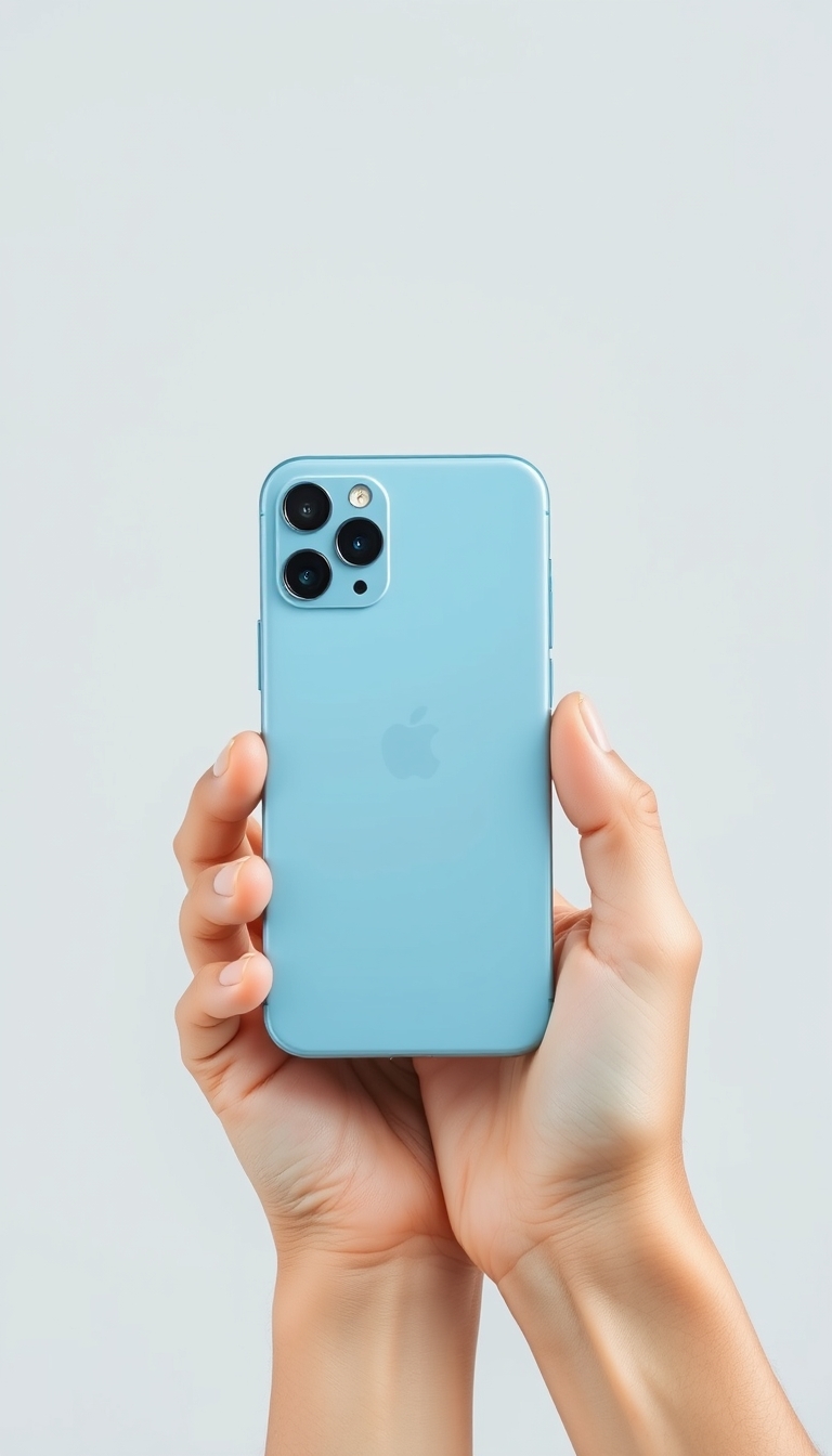 A marketing image showing a person holding a light blue smartphone with a rectangular attachment on the back. The phone has three camera lenses in the upper corner. The background is minimalist and light gray, creating a clean and modern aesthetic. The person's hands, slightly tan, hold the phone in a landscape orientation, as if taking a photo or video. - Image