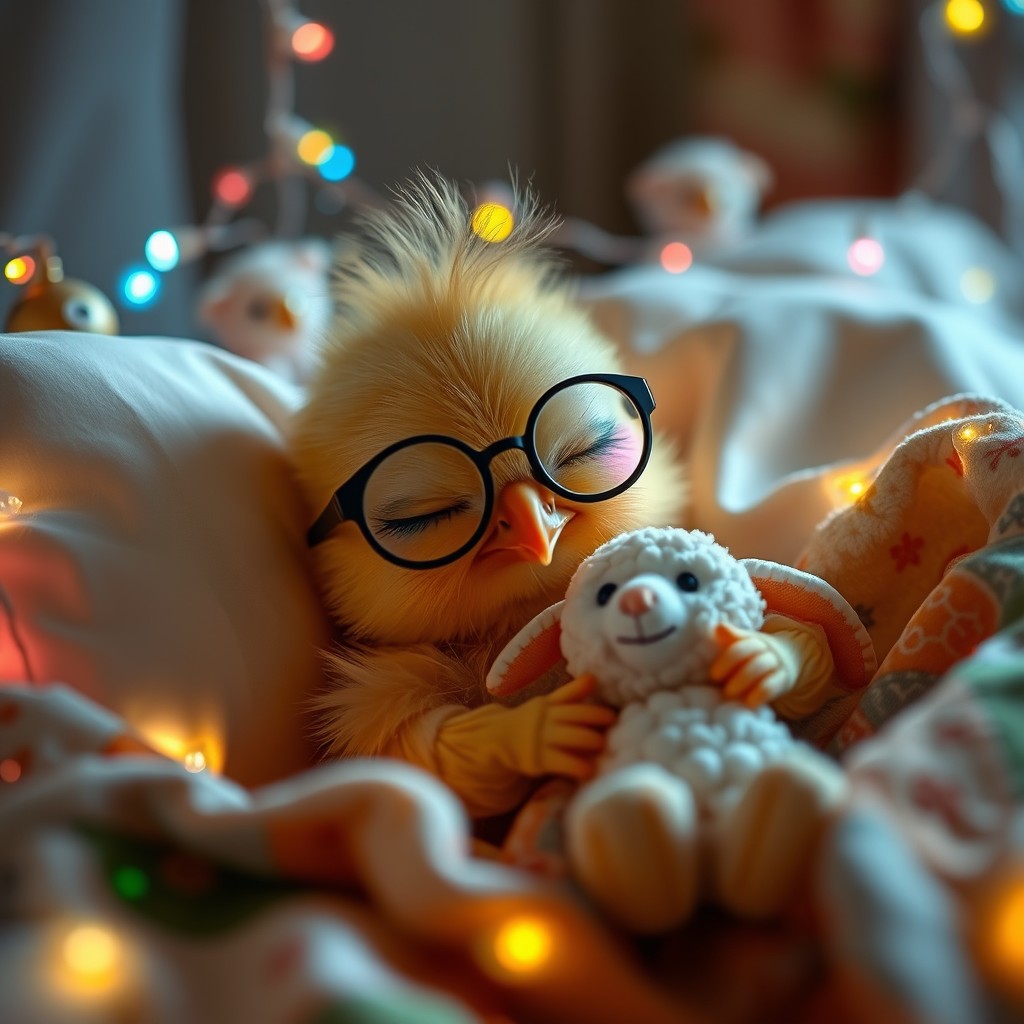 It is night. A sweet delicate little chick, cute with a small rounded beak, is wearing glasses, resting its head on the pillow, deeply asleep in its precious little bed with tiny jingle bells, colorful soft lights, and childlike details that have the name PICHONCITA written on them, wrapped in patchwork blankets, hugging a tiny, adorable stuffed sheep. - Image