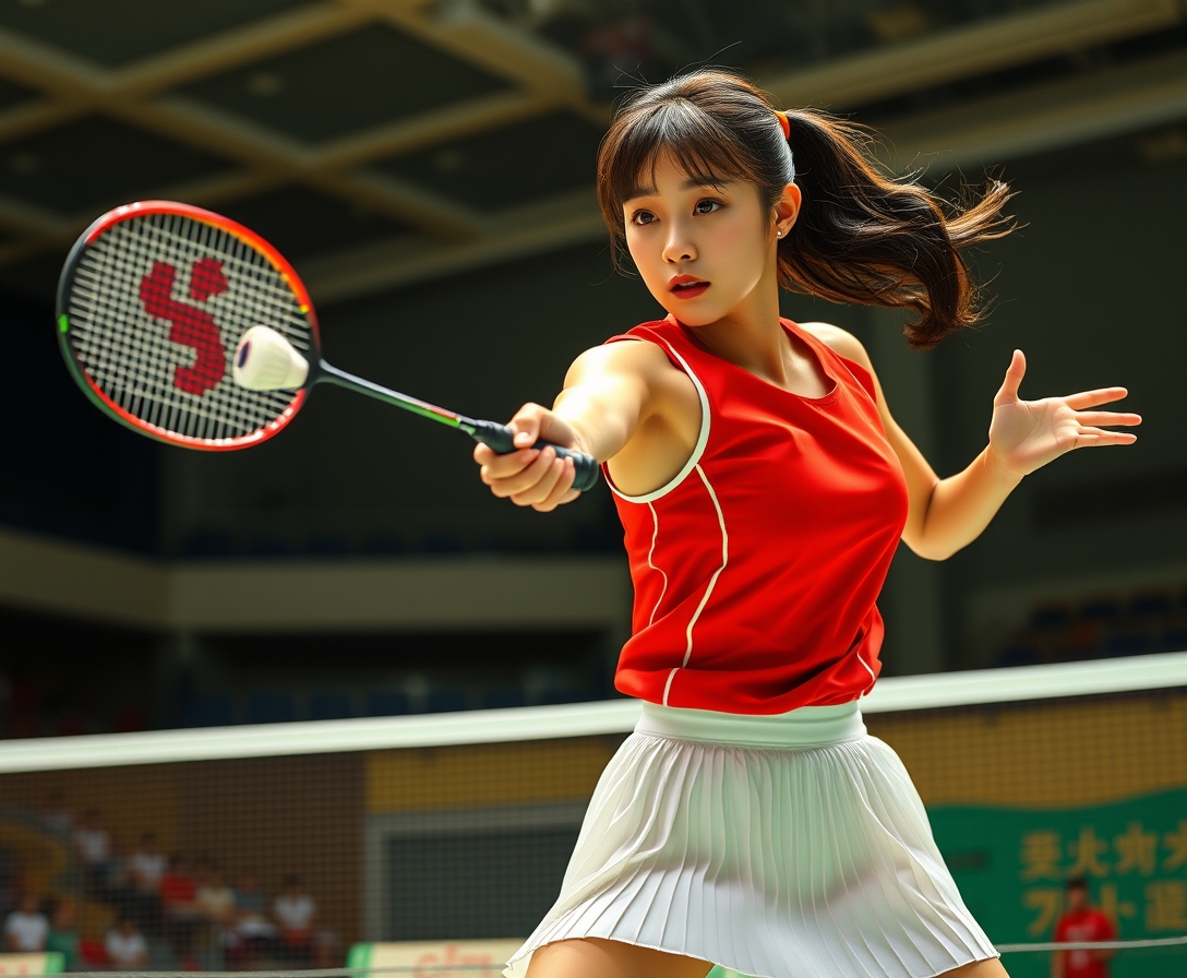 A detailed, realistic portrait of a young woman playing badminton in an indoor sports arena. The woman is wearing a bright red jersey and is mid-swing, her body in a dynamic, athletic pose as she focuses intently on the shuttlecock. The background is blurred, with glimpses of the court, net, and spectator stands visible. The lighting is natural and directional, creating shadows and highlights that accentuate the woman's features and muscular definition. The overall composition conveys a sense of energy, movement, and the intensity of the game. The image is highly detailed, with a photorealistic quality that captures the textures of the woman's clothing, skin, and the badminton equipment. A woman with a beautiful face like a Japanese idol, she is wearing a white pleated skirt. Badminton rackets and shuttlecocks with dynamic swings and motion blur. Depiction of the human body with a flawless personality.