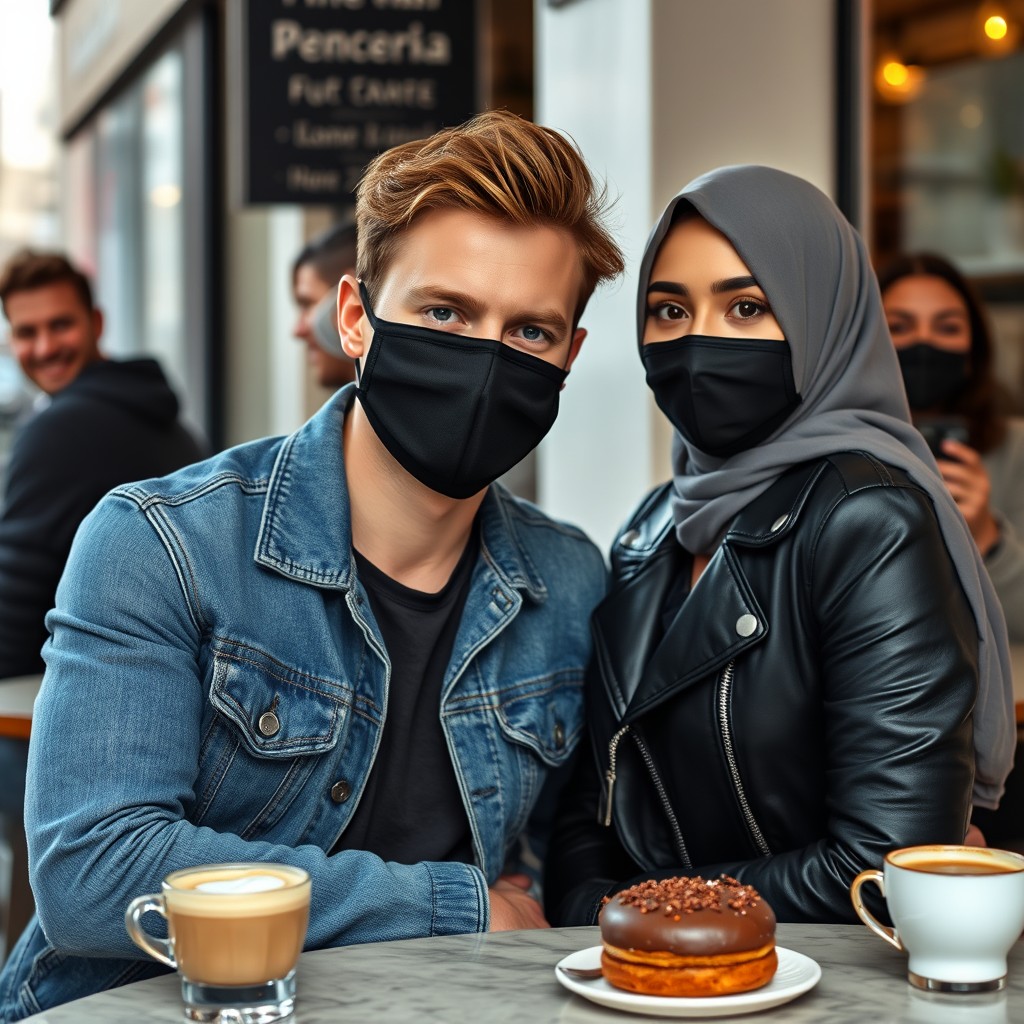 Jamie Dornan's head and body shot, handsome, young, face mask black, blue jeans jacket, jeans, dating love with a grey hijab Muslim girl, beautiful eyes, face mask black, black leather jacket, biggest floral skirt, at a café, 2 cups of latte, muffin cake, choco donut on a table, with another 3 friends smiling in the background, photorealistic, hyper-realistic, street photography, selfie. - Image