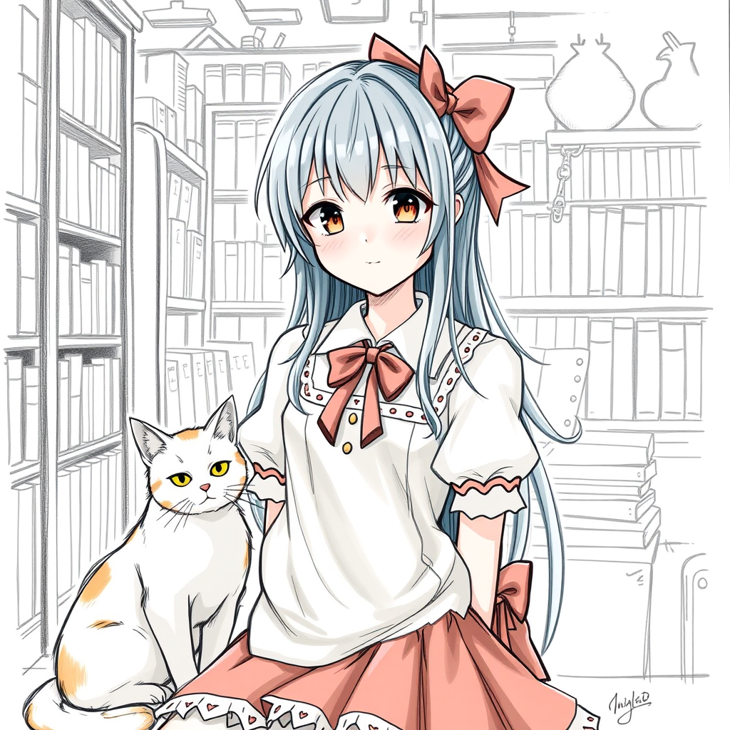 Final fantasy style, young women, nice outfit, short dress, whole, front face, with a cat sitting beside, background is a bookstore. For these portrait sketches,

[NAME] --sref 1337752005

Not just limited to portraits though. - Image