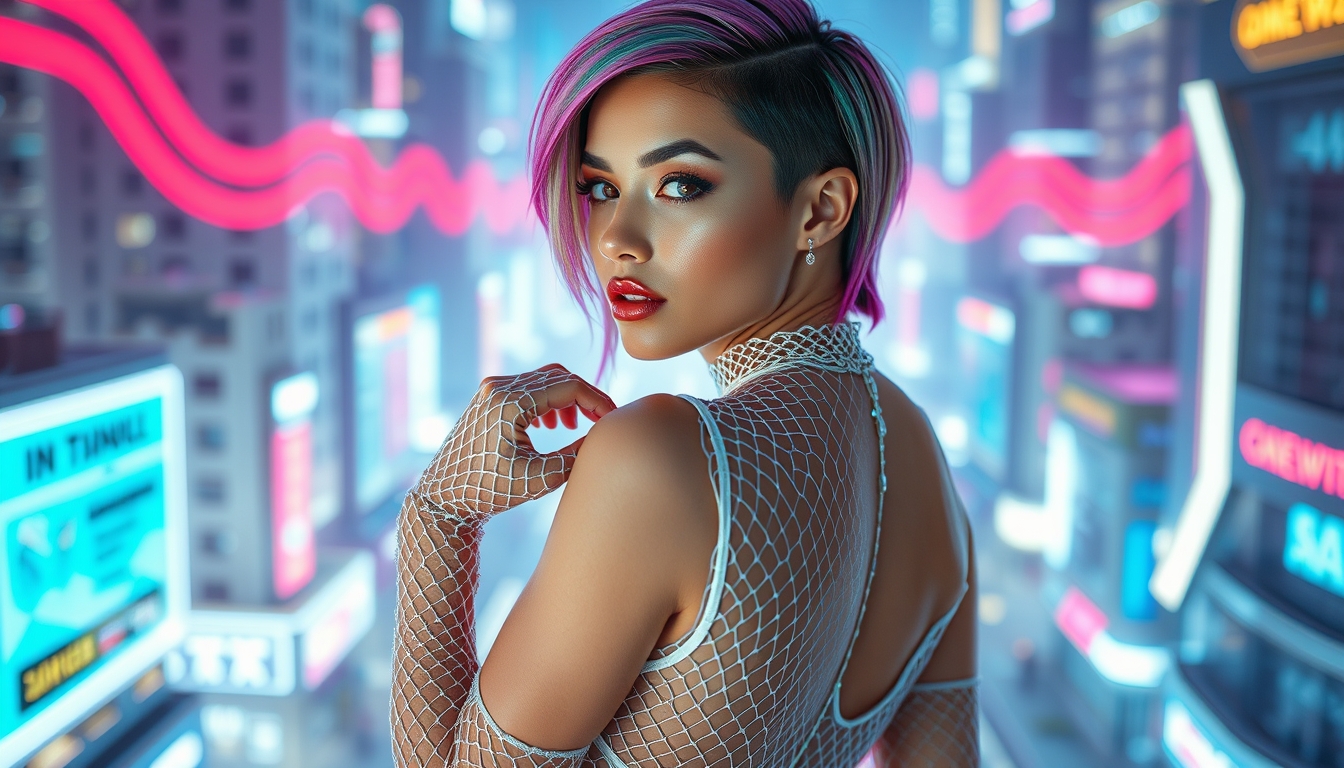 Stunning 25-year-old woman, model bombshell, beautiful, sensual, young-looking, luxurious elegant hot multi-colored short side-shaved hair, tight revealing iridescent white SFW see-through metallic fishnet leotard, glowing iridescent fishnet gloves and fishnet choker, neon, futuristic, posing on a futuristic city, arching back, summer, "sinozick style," "g4n1m3."