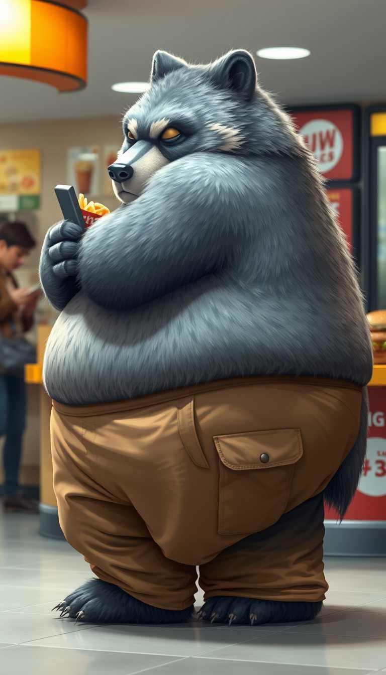 Quarter view, anthropomorphic obese gray bear-wolf hybrid, blended features. Gray and black fur with tan and white fur markings. He has a heavyset body. Wide fat bottom. Fat wide double chins. Tan obese big fat baggy cargo pants. Obese double belly tucked into pants overflowing. Full body. Uncropped. Fluffy fur. Ordering food from a fast food restaurant. Digital art, semi-realistic. - Image