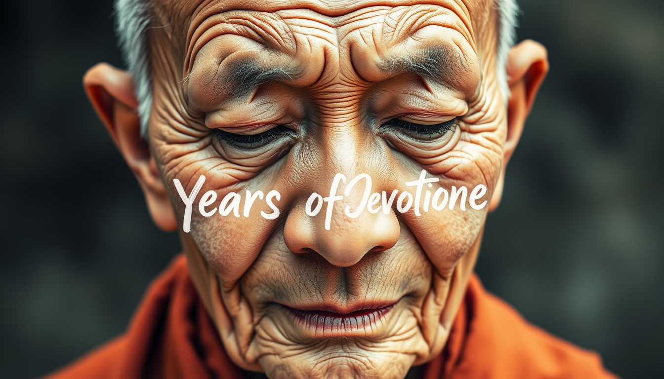 Watercolor style An elderly monk's face, his eyes closed in meditation. As the camera slowly zooms out, his wrinkles transform into calligraphy forming the words "Years of Devotion" in Vietnamese.