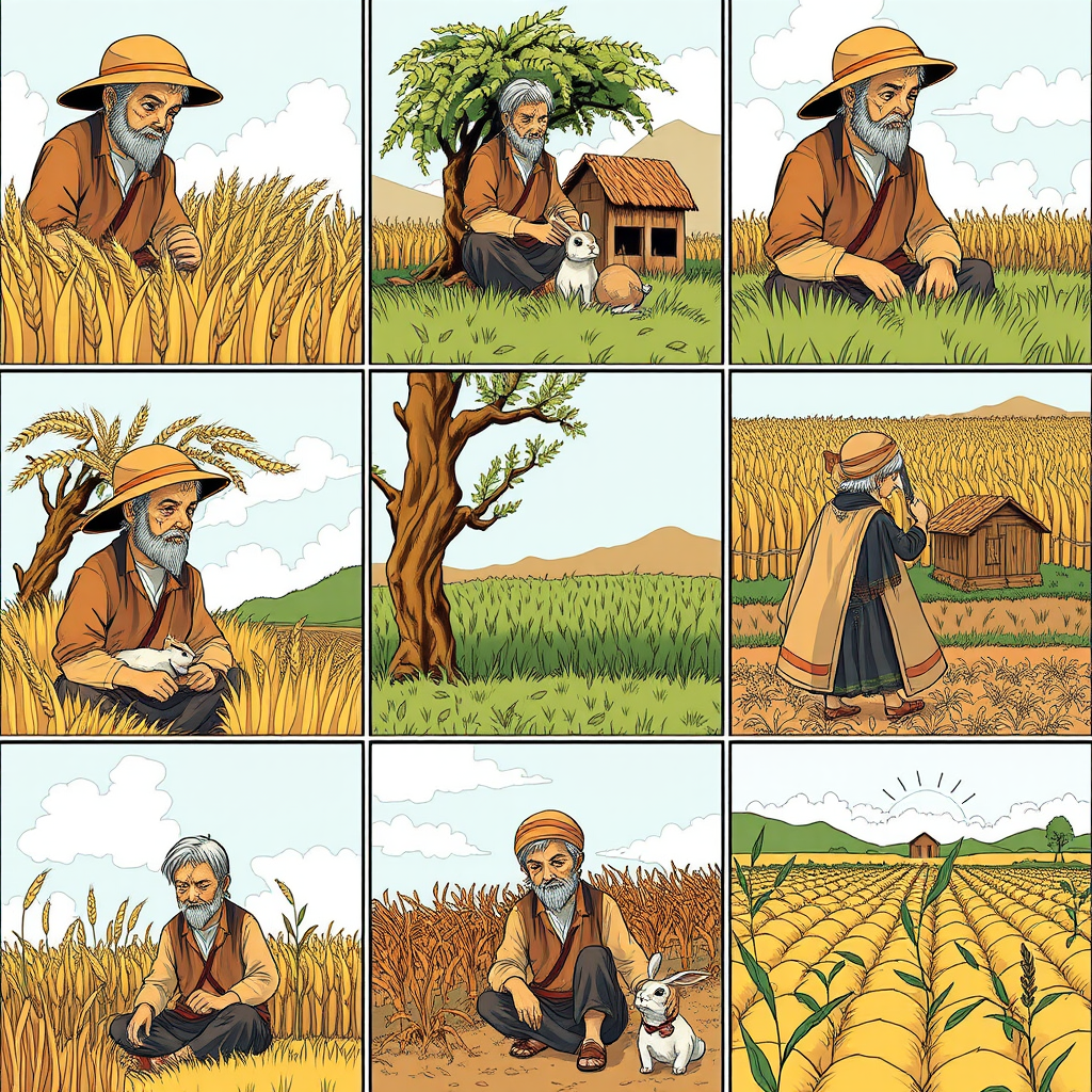 The image style is "cyberpunk," featuring an ancient farmer in a nine grid. The characters in each scene will all use the same farmer, ensuring that the face shape and clothing remain consistent throughout. In the first panel, the farmer is harvesting wheat. In the second panel, the farmer is sitting under a tree, with a rabbit rushing to the tree. In the third panel, a rabbit is in the farmer's hand. In the fourth panel, the farmer is walking toward a house. In the fifth panel, the farmer sits under the tree. In the sixth panel, the farmer sighs while sitting under the tree. In the seventh panel, the farmer stares blankly at the sky. In the eighth panel, the crops have withered. In the ninth panel, the farmer is planting seeds in the field.