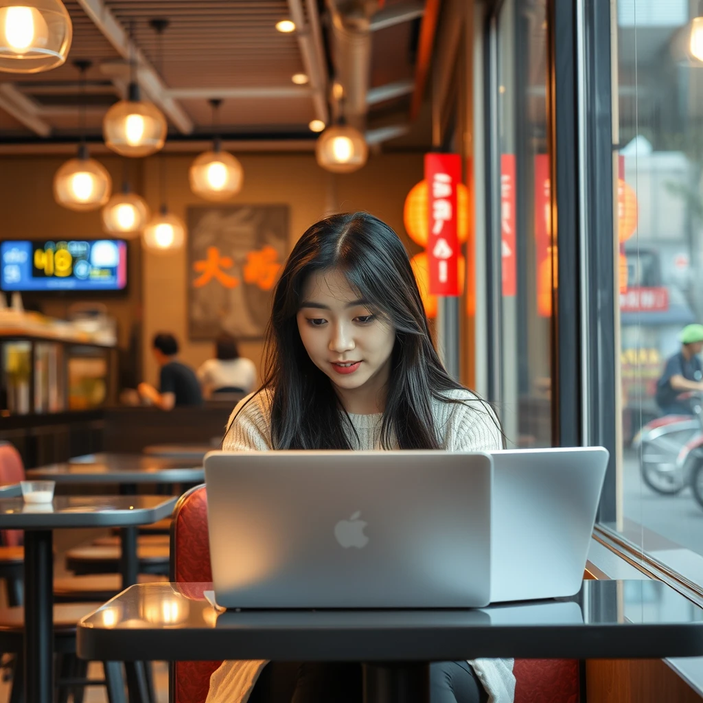 Modern Seoul backdrop with a young Korean woman working on her laptop in a cafe.