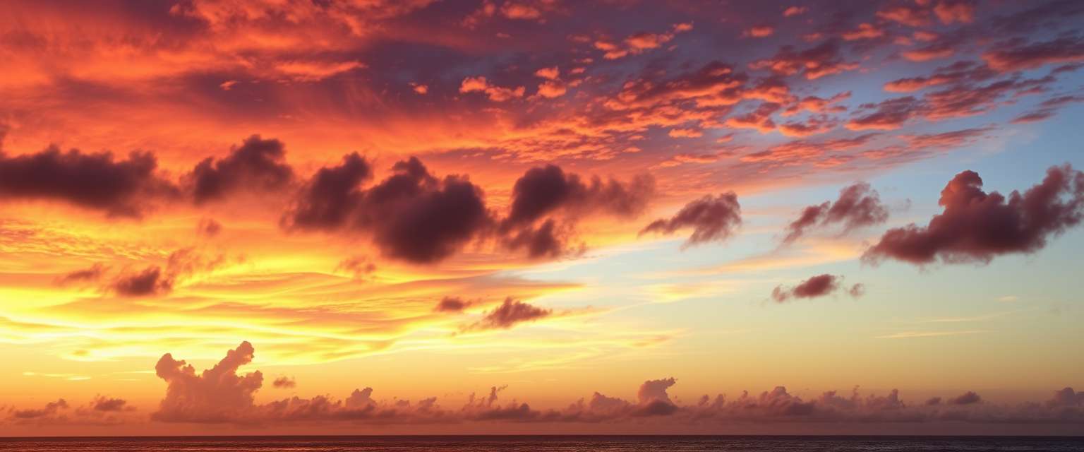 Dramatic, fiery sunset, clouds, silhouettes, high quality, photorealistic, evening sky, reflection, serene, seashells.