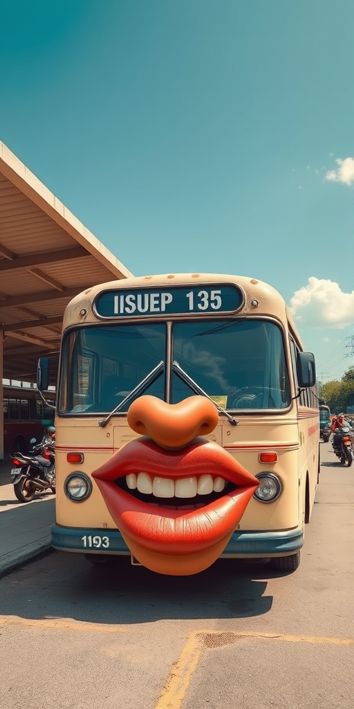 Surreal and whimsical image featuring a vintage bus parked at a bus station. The bus has a cream-colored exterior with a slightly weathered look, and the number '1903' is displayed on the front. The most striking feature is the large, exaggerated set of lips and teeth superimposed on the front of the bus, resembling a face and giving it a cartoonish and humorous appearance. The bus station has a covered area with a high roof, and there are other buses and motorcycles visible in the background. The bus destination sign reads 'ISUEP SIP 135' in white text on a black background. The overall scene is bright and clear, with a blue sky and some clouds visible.