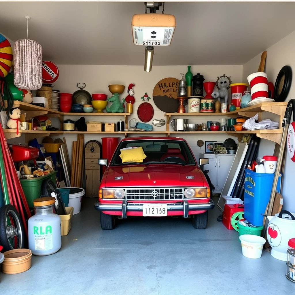 A two-car garage stocked with items that look to be straight out of a Dr. Seuss book. - Image