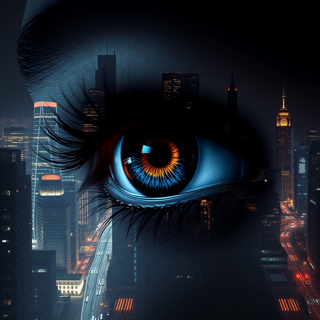 Stunning image of a woman's eye, fused with an abstract, vibrant city silhouette at night, with city lights sparkling on high-rise skyscrapers and bustling streets; iris dilated. The eye is surrounded by a strong white void that creates a striking contrast and adds depth and intensity to the overall picture, hyperrealistic, digital, structured, surreal, gloomy and mysterious. - Image