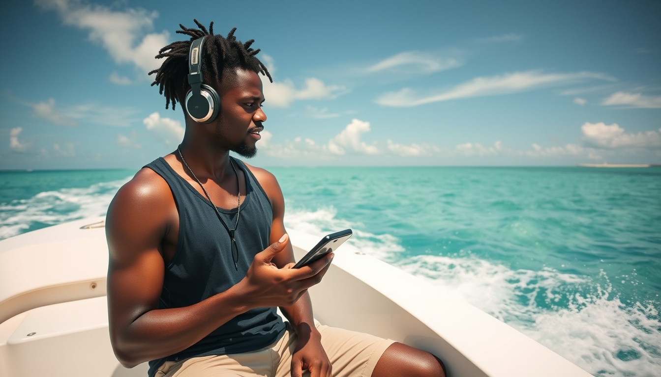 A young black man is on a boat in the Bahamas listening to a podcast on his phone.