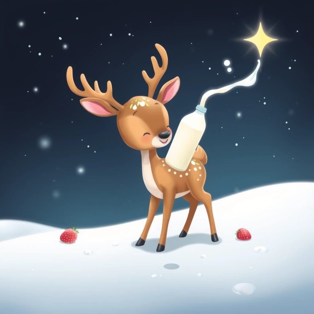 "A cute baby deer that must drink a million bottles of strawberry milk on Earth to go to Santa's star, spaceship, 'Dolppu' title text." - Image